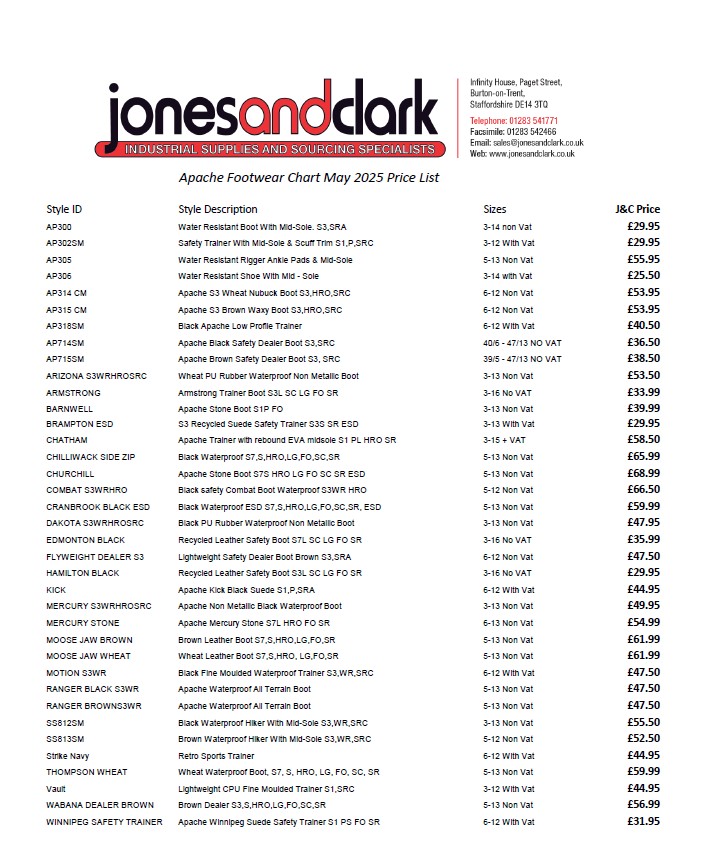 Sterling Safety Footwear Apache Price List May 2025